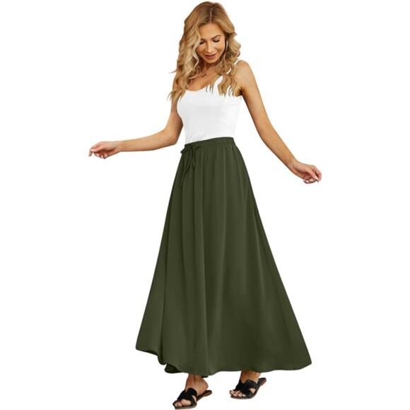 Women's Flowy Maxi Skirt Pleated High Waisted Green - Picture 1 of 4